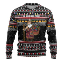 East Timor Christmas Ugly Christmas Sweater with Santa in Traditional Robe Gift Basket Ho Ho Ho Text and Black Festive - Wonder Print Shop