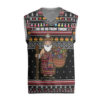 East Timor Christmas Knitted V-Neck Vest with Santa in Traditional Robe Gift Basket Ho Ho Ho Text and Black Festive - Wonder Print Shop