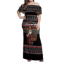 East Timor Christmas Off Shoulder Maxi Dress with Santa in Traditional Robe Gift Basket Ho Ho Ho Text and Black Festive - Wonder Print Shop