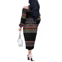 East Timor Christmas Off The Shoulder Long Sleeve Dress with Santa in Traditional Robe Gift Basket Ho Ho Ho Text and Black Festive - Wonder Print Shop