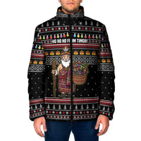 East Timor Christmas Padded Jacket with Santa in Traditional Robe Gift Basket Ho Ho Ho Text and Black Festive - Wonder Print Shop