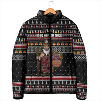 East Timor Christmas Padded Jacket with Santa in Traditional Robe Gift Basket Ho Ho Ho Text and Black Festive - Wonder Print Shop