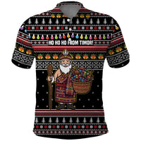 East Timor Christmas Polo Shirt with Santa in Traditional Robe Gift Basket Ho Ho Ho Text and Black Festive - Wonder Print Shop