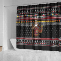 East Timor Christmas Shower Curtain with Santa in Traditional Robe Gift Basket Ho Ho Ho Text and Black Festive - Wonder Print Shop