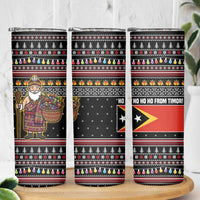 East Timor Christmas Skinny Tumbler with Santa in Traditional Robe Gift Basket Ho Ho Ho Text and Black Festive - Wonder Print Shop
