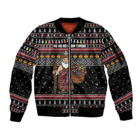 East Timor Christmas Sleeve Zip Bomber Jacket with Santa in Traditional Robe Gift Basket Ho Ho Ho Text and Black Festive - Wonder Print Shop