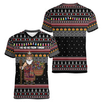 East Timor Christmas Women V-Neck T-Shirt with Santa in Traditional Robe Gift Basket Ho Ho Ho Text and Black Festive - Wonder Print Shop