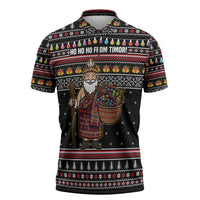 East Timor Christmas Zipper Polo Shirt with Santa in Traditional Robe Gift Basket Ho Ho Ho Text and Black Festive - Wonder Print Shop