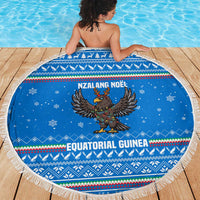 Equatorial Guinea Christmas Beach Blanket with Nzalang Noel Eagle Flag Snowflakes and Blue Holiday - Wonder Print Shop