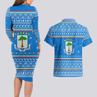 Equatorial Guinea Christmas Couples Matching Long Sleeve Bodycon Dress and Hawaiian Shirt with Nzalang Noel Eagle Flag Snowflakes and Blue Holiday - Wonder Print Shop