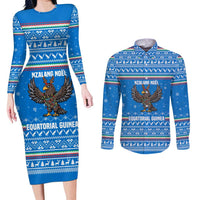 Equatorial Guinea Christmas Couples Matching Long Sleeve Bodycon Dress and Long Sleeve Button Shirt with Nzalang Noel Eagle Flag Snowflakes and Blue Holiday - Wonder Print Shop