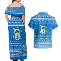 Equatorial Guinea Christmas Couples Matching Off Shoulder Maxi Dress and Hawaiian Shirt with Nzalang Noel Eagle Flag Snowflakes and Blue Holiday - Wonder Print Shop
