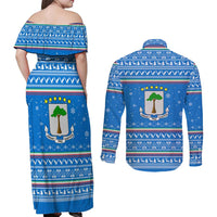 Equatorial Guinea Christmas Couples Matching Off Shoulder Maxi Dress and Long Sleeve Button Shirt with Nzalang Noel Eagle Flag Snowflakes and Blue Holiday - Wonder Print Shop