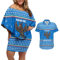 Equatorial Guinea Christmas Couples Matching Off Shoulder Short Dress and Hawaiian Shirt with Nzalang Noel Eagle Flag Snowflakes and Blue Holiday - Wonder Print Shop