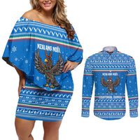 Equatorial Guinea Christmas Couples Matching Off Shoulder Short Dress and Long Sleeve Button Shirt with Nzalang Noel Eagle Flag Snowflakes and Blue Holiday - Wonder Print Shop