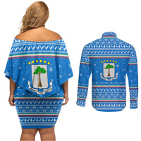 Equatorial Guinea Christmas Couples Matching Off Shoulder Short Dress and Long Sleeve Button Shirt with Nzalang Noel Eagle Flag Snowflakes and Blue Holiday - Wonder Print Shop