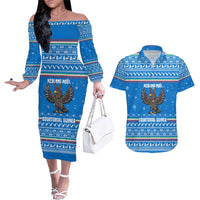 Equatorial Guinea Christmas Couples Matching Off The Shoulder Long Sleeve Dress and Hawaiian Shirt with Nzalang Noel Eagle Flag Snowflakes and Blue Holiday - Wonder Print Shop