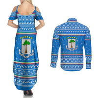 Equatorial Guinea Christmas Couples Matching Summer Maxi Dress and Long Sleeve Button Shirt with Nzalang Noel Eagle Flag Snowflakes and Blue Holiday - Wonder Print Shop