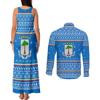 Equatorial Guinea Christmas Couples Matching Tank Maxi Dress and Long Sleeve Button Shirt with Nzalang Noel Eagle Flag Snowflakes and Blue Holiday - Wonder Print Shop