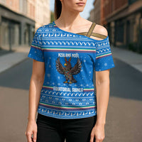 Equatorial Guinea Christmas Cross Shoulder Shirt with Nzalang Noel Eagle Flag Snowflakes and Blue Holiday - Wonder Print Shop