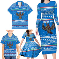 Equatorial Guinea Christmas Family Matching Long Sleeve Bodycon Dress and Hawaiian Shirt with Nzalang Noel Eagle Flag Snowflakes and Blue Holiday - Wonder Print Shop