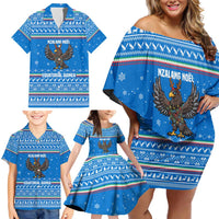 Equatorial Guinea Christmas Family Matching Off Shoulder Short Dress and Hawaiian Shirt with Nzalang Noel Eagle Flag Snowflakes and Blue Holiday - Wonder Print Shop