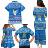 Equatorial Guinea Christmas Family Matching Puletasi and Hawaiian Shirt with Nzalang Noel Eagle Flag Snowflakes and Blue Holiday - Wonder Print Shop