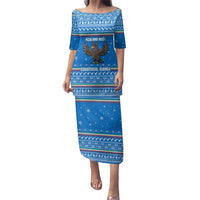 Equatorial Guinea Christmas Family Matching Puletasi and Hawaiian Shirt with Nzalang Noel Eagle Flag Snowflakes and Blue Holiday - Wonder Print Shop