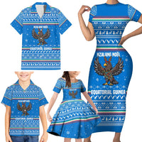 Equatorial Guinea Christmas Family Matching Short Sleeve Bodycon Dress and Hawaiian Shirt with Nzalang Noel Eagle Flag Snowflakes and Blue Holiday - Wonder Print Shop