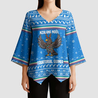 Equatorial Guinea Christmas Kimono Sleeve Blouse with Nzalang Noel Eagle Flag Snowflakes and Blue Holiday - Wonder Print Shop