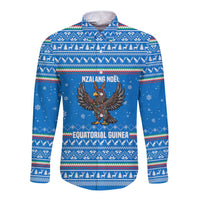 Equatorial Guinea Christmas Long Sleeve Button Shirt with Nzalang Noel Eagle Flag Snowflakes and Blue Holiday - Wonder Print Shop
