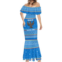 Equatorial Guinea Christmas Mermaid Dress with Nzalang Noel Eagle Flag Snowflakes and Blue Holiday - Wonder Print Shop