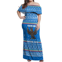 Equatorial Guinea Christmas Off Shoulder Maxi Dress with Nzalang Noel Eagle Flag Snowflakes and Blue Holiday - Wonder Print Shop