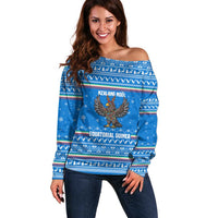 Equatorial Guinea Christmas Off Shoulder Sweater with Nzalang Noel Eagle Flag Snowflakes and Blue Holiday - Wonder Print Shop