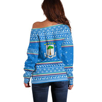 Equatorial Guinea Christmas Off Shoulder Sweater with Nzalang Noel Eagle Flag Snowflakes and Blue Holiday - Wonder Print Shop