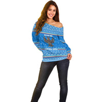 Equatorial Guinea Christmas Off Shoulder Sweater with Nzalang Noel Eagle Flag Snowflakes and Blue Holiday - Wonder Print Shop