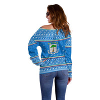 Equatorial Guinea Christmas Off Shoulder Sweater with Nzalang Noel Eagle Flag Snowflakes and Blue Holiday - Wonder Print Shop