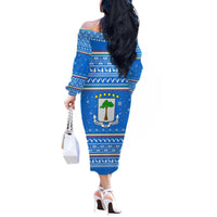 Equatorial Guinea Christmas Off The Shoulder Long Sleeve Dress with Nzalang Noel Eagle Flag Snowflakes and Blue Holiday - Wonder Print Shop