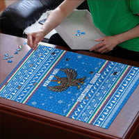 Equatorial Guinea Christmas Puzzle with Nzalang Noel Eagle Flag Snowflakes and Blue Holiday - Wonder Print Shop