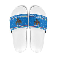 Equatorial Guinea Christmas Slide Sandals with Nzalang Noel Eagle Flag Snowflakes and Blue Holiday - Wonder Print Shop