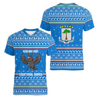 Equatorial Guinea Christmas Women V-Neck T-Shirt with Nzalang Noel Eagle Flag Snowflakes and Blue Holiday - Wonder Print Shop