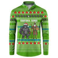 Equatorial Guinea Christmas Button Sweatshirt with Santa Gorilla Gift Basket and Green Holiday Pattern Design - Wonder Print Shop