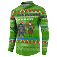 Equatorial Guinea Christmas Button Sweatshirt with Santa Gorilla Gift Basket and Green Holiday Pattern Design - Wonder Print Shop