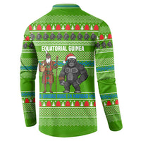 Equatorial Guinea Christmas Button Sweatshirt with Santa Gorilla Gift Basket and Green Holiday Pattern Design - Wonder Print Shop