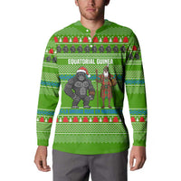 Equatorial Guinea Christmas Button Sweatshirt with Santa Gorilla Gift Basket and Green Holiday Pattern Design - Wonder Print Shop