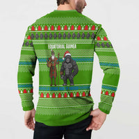 Equatorial Guinea Christmas Button Sweatshirt with Santa Gorilla Gift Basket and Green Holiday Pattern Design - Wonder Print Shop