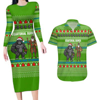 Equatorial Guinea Christmas Couples Matching Long Sleeve Bodycon Dress and Hawaiian Shirt with Santa Gorilla Gift Basket and Green Holiday Pattern Design - Wonder Print Shop