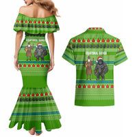 Equatorial Guinea Christmas Couples Matching Mermaid Dress and Hawaiian Shirt with Santa Gorilla Gift Basket and Green Holiday Pattern Design - Wonder Print Shop