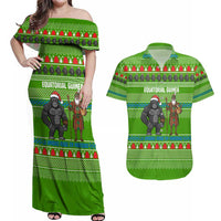 Equatorial Guinea Christmas Couples Matching Off Shoulder Maxi Dress and Hawaiian Shirt with Santa Gorilla Gift Basket and Green Holiday Pattern Design - Wonder Print Shop