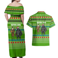 Equatorial Guinea Christmas Couples Matching Off Shoulder Maxi Dress and Hawaiian Shirt with Santa Gorilla Gift Basket and Green Holiday Pattern Design - Wonder Print Shop